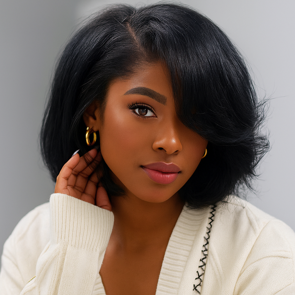 Cleo Natural Black Yaki Wave Layered Short Bob Glueless Wig