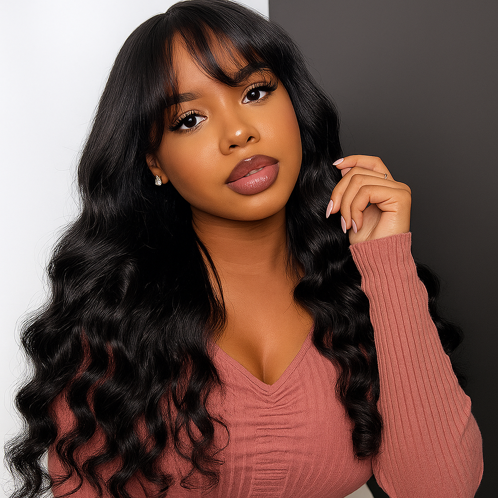 Evelyn Natural Brown Curly With Bangs Glueless Wig