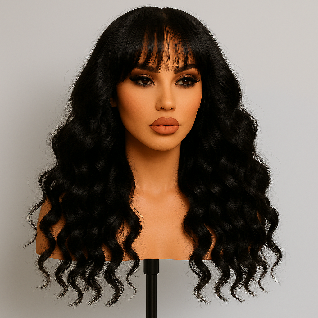 Evelyn Natural Brown Curly With Bangs Glueless Wig