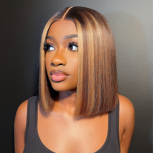 Tia Light Brown Highlights Ombre Straight Bob Glueless Wig