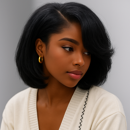 Cleo Natural Black Yaki Wave Layered Short Bob Glueless Wig