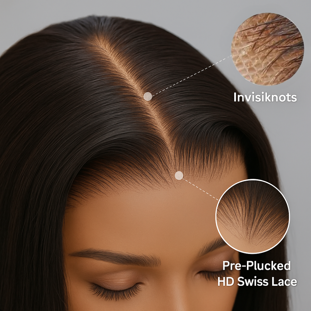 The image is a close-up of a person's head with a focus on their hair and scalp. It includes a diagram and text that describe the hairpiece as an "Invisiknot" and a "Pre-Plucked HD Swiss Lace".