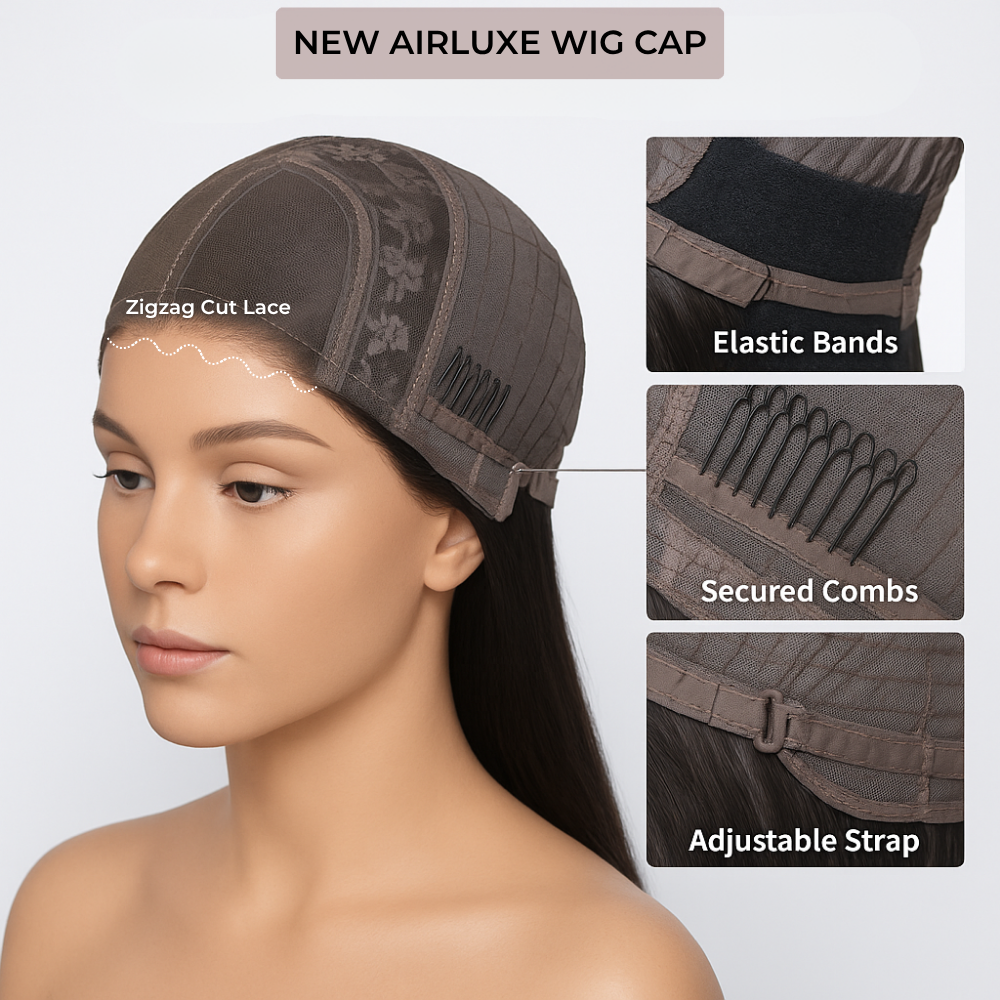The image is a close-up of a woman's head wearing a new wig cap. The cap has a zigzag cut lace, elastic bands, secured combs, and an adjustable strap.
