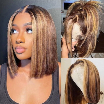 Tia Light Brown Highlights Ombre Straight Bob HD Lace Front Human Hair Wig HEIRCENTRIC