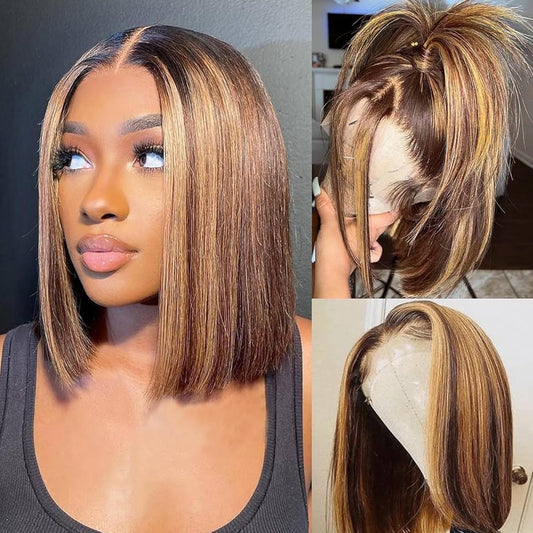 Tia Light Brown Highlights Ombre Straight Bob HD Lace Front Human Hair Wig HEIRCENTRIC