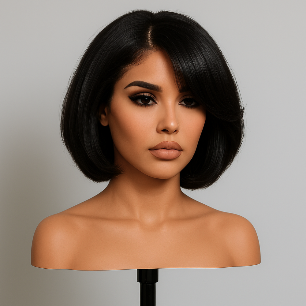 Cleo Natural Black Yaki Wave Layered Short Bob Glueless Wig