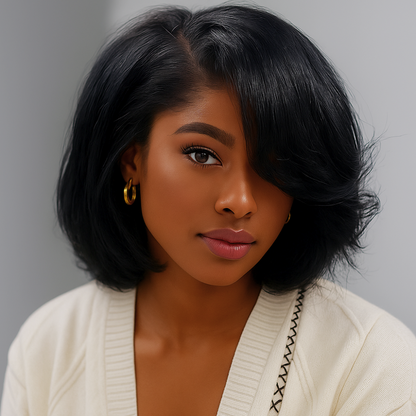 Cleo Natural Black Yaki Wave Layered Short Bob Glueless Wig