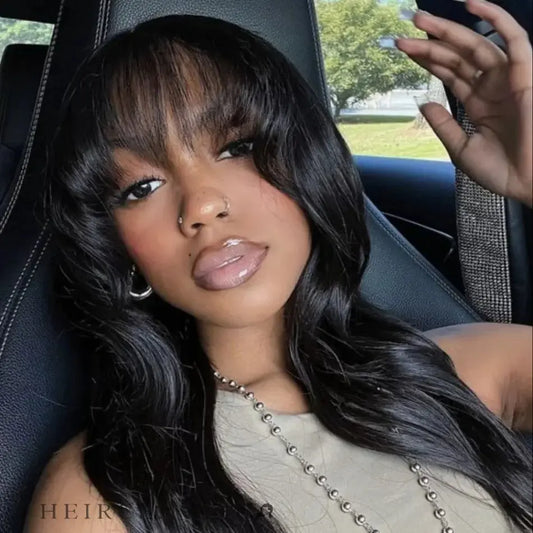 Maya Soft Black Body Wave With Bangs HD Lace Front Human Hair Wig HEIRCENTRIC