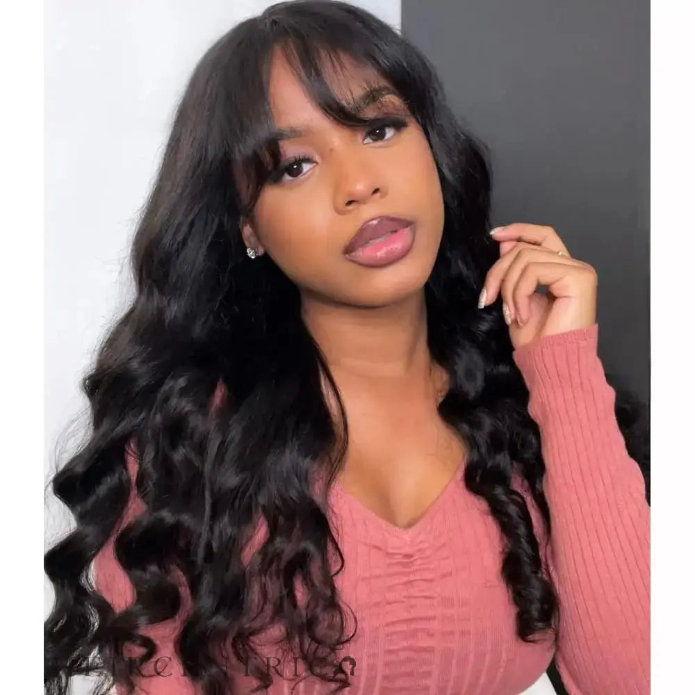 Evelyn Soft Brown Body Wave With Bangs HD Lace Front Human Hair Wig HEIRCENTRIC