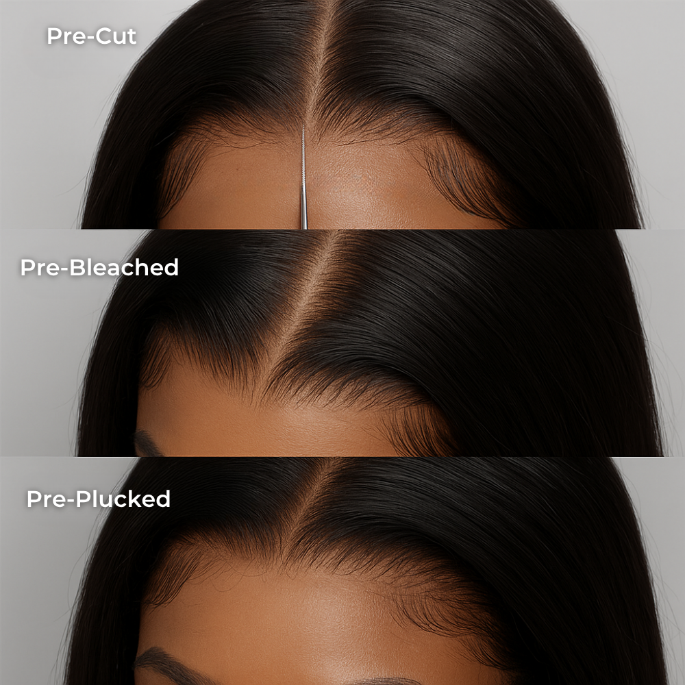 The image is a collage of three close-up shots of a person's head with different hairstyles, including a pre-cut, pre-bleached, and pre-plucked look.